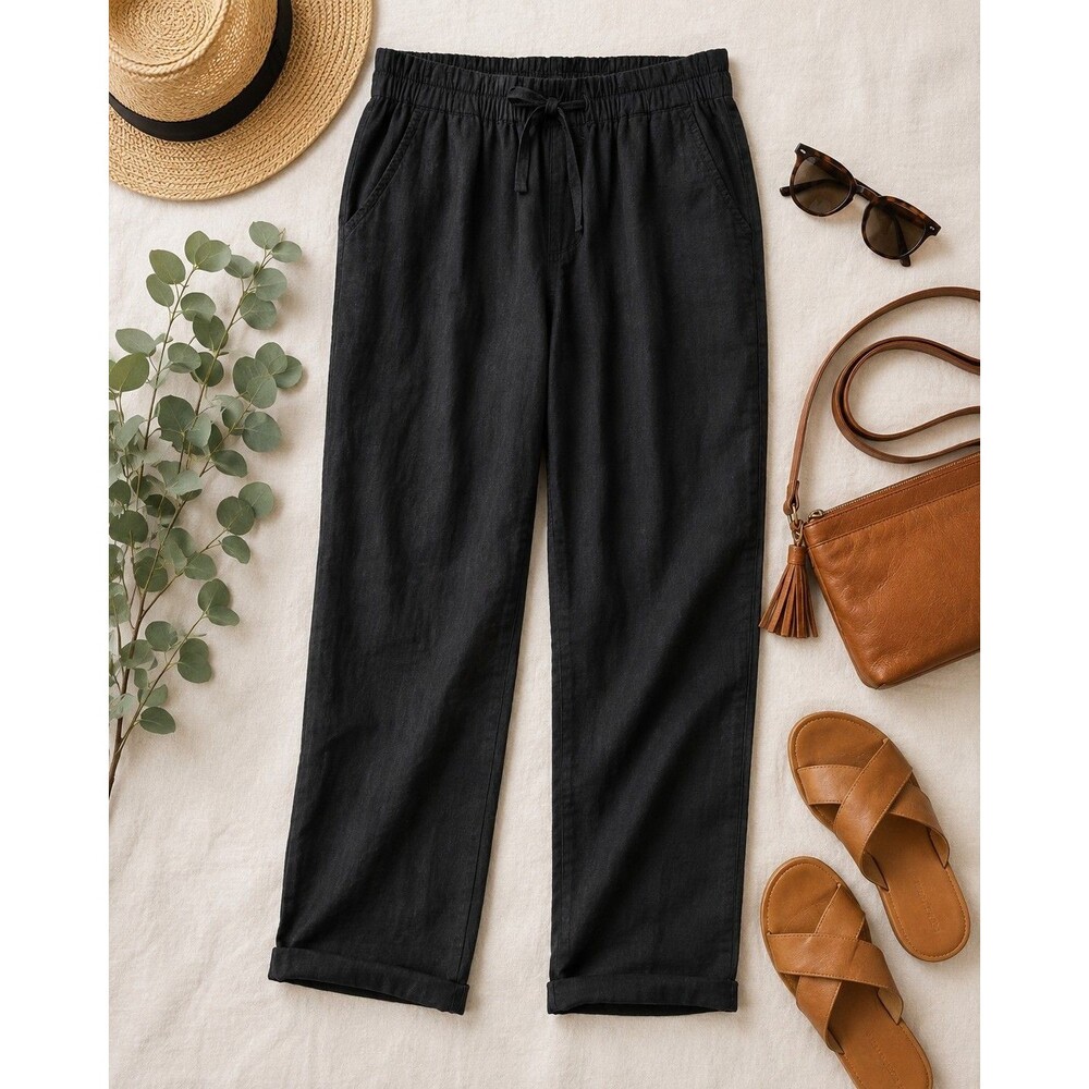 Garnet Hill Silk Linen Pants Sz 8 Gray Cropped Pull On Straight Leg Drawstring